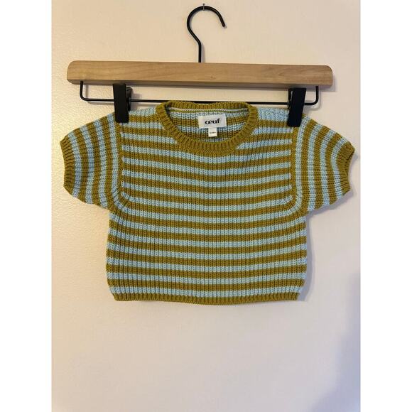 Oeuf 100% Cotton Cable Knit Short Sleeve Sweater Olive Green & Blue Stripe 12-18